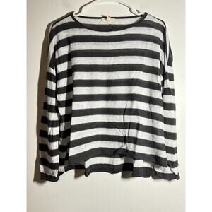 Eileen Fisher Gray White Stripe 100% Linen Lightweight Pullover Sweater PM
